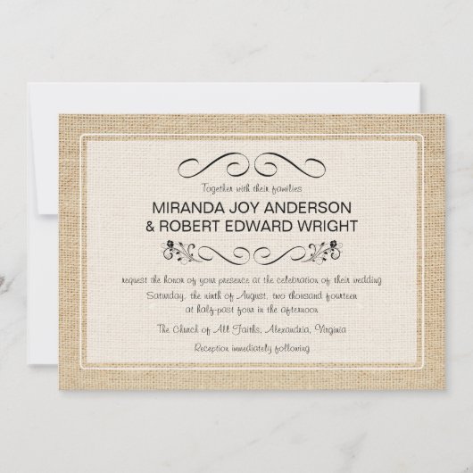 Invitations vintages de mariage de toile de jute (Devant)