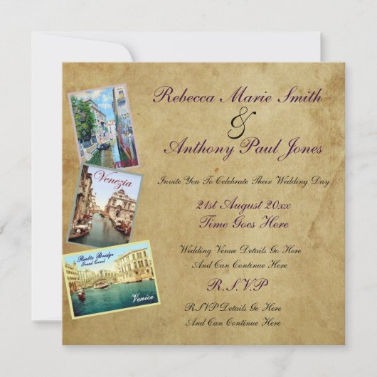 Invitations vintages de mariage de Venise (Devant)