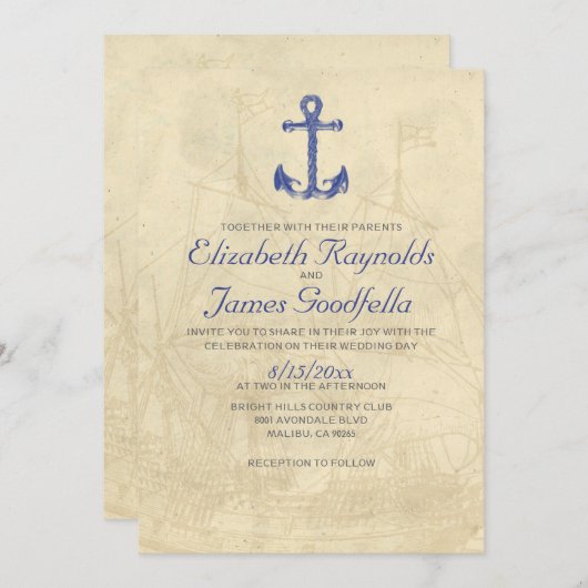 Invitations Vintages de mariage en bateau (Devant / Derrière)