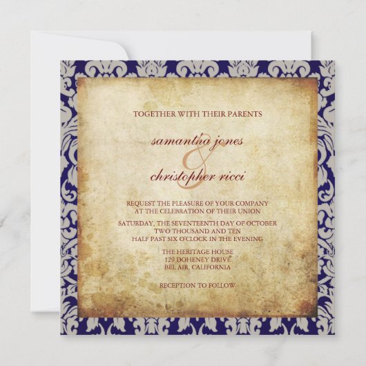 Invitations Vintages + Romantic Mariage damassé (Dos)