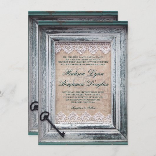Invitations vintages rustiques de mariage d'Aqua (Devant / Derrière)
