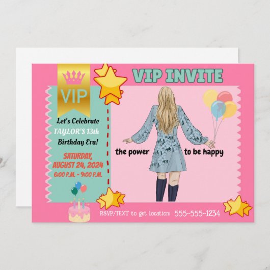 INVITATIONS VIP POUR (TWEEN) FILLES ANNIVERSAIRE (Devant / Derrière)