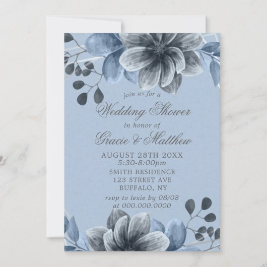 Invitations Wedding showers Dusty Blue Silver Flor (Devant)
