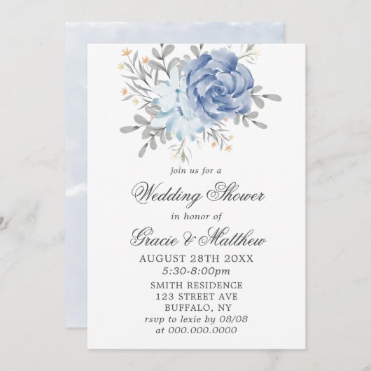 Invitations Wedding showers Dusty Blue Watercolor (Devant / Derrière)