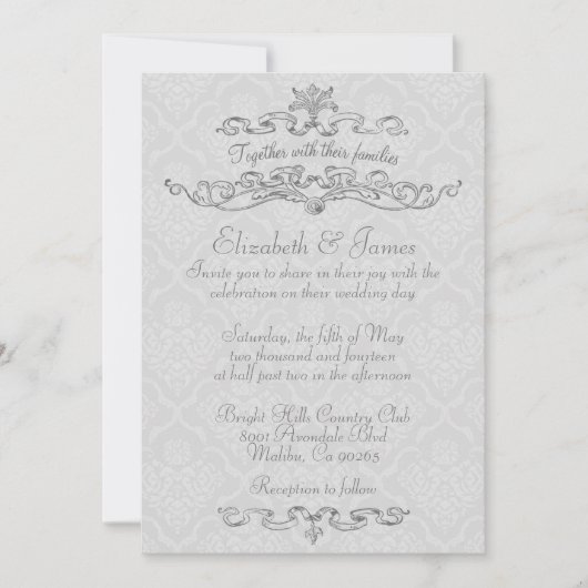 Invitations White Mariage damassé de luxe simples (Devant)