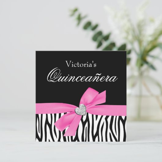 Invitations Zebra Pink Bow Diamond Quinceanera (Debout devant)
