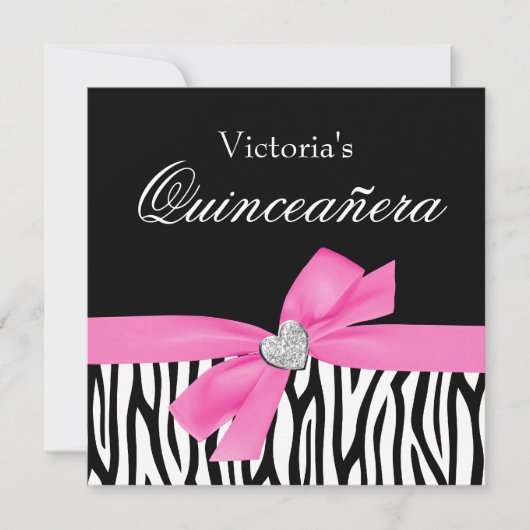 Invitations Zebra Pink Bow Diamond Quinceanera (Devant)