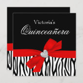Invitations Zebra Red Bow Diamond Quinceanera (Devant / Derrière)