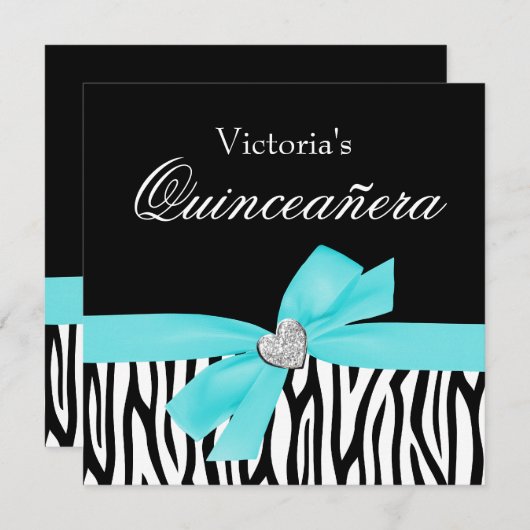 Invitations Zebra Turquoise Bow Diamond Quinceaner (Devant / Derrière)
