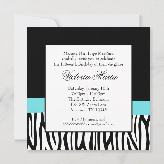 Invitations Zebra Turquoise Bow Diamond Quinceaner (Dos)