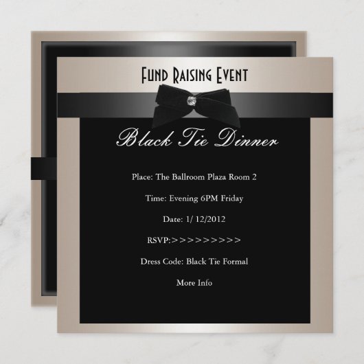 Invite Fundraiser Formal Black Stropdas Champagne Kaart (Voorkant / Achterkant)