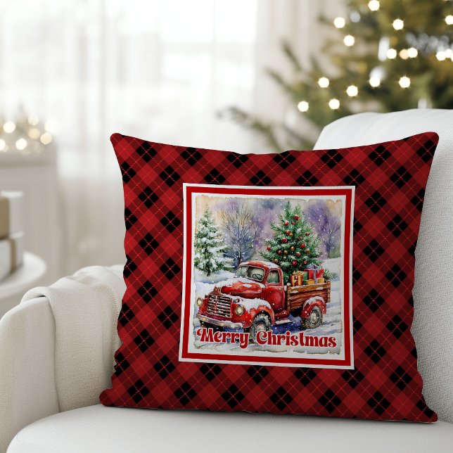 Inviting red truck winter scene rustic holiday   kussen (Inviting red truck winter scene rustic holiday Throw Pillow)