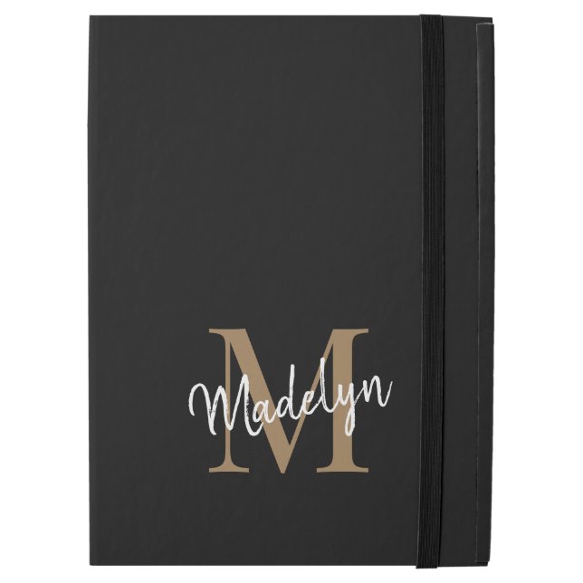 iPad Pro 12.9" Case Monogramme d'or noir moderne Feminine Script éléga (Devant de près)