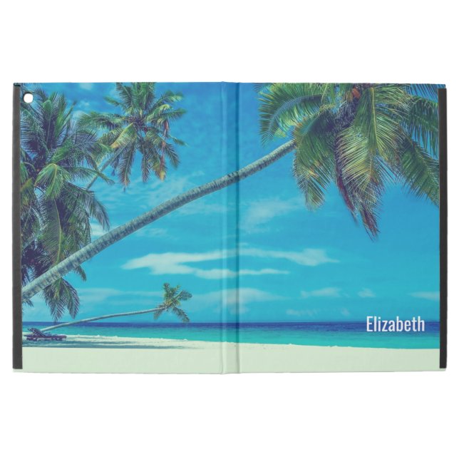 iPad Pro 12.9" Case Plage de sable blanc avec palmiers tropicaux sur m (Extérieur)
