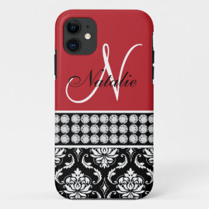 iPhone 11 Coque Red Black Damask Printed Diamonds 5