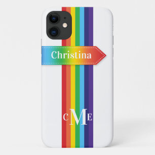 iPhone 11 Hoesje   Regenboogstrips met monogram
