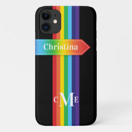 iPhone 11 Hoesje | Regenboogstrips met monogram