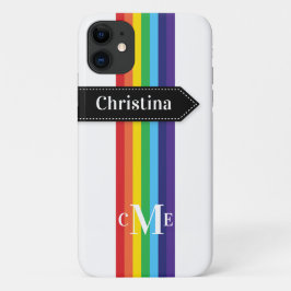iPhone 11 Hoesje | Regenboogstrips met monogram