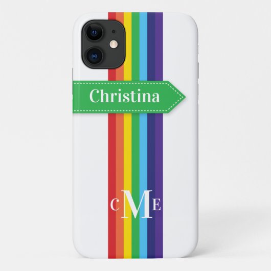 iPhone 11 Hoesje | Regenboogstrips met monogram (Achterkant)