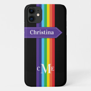 iPhone 11 Hoesje   Regenboogstrips met monogram