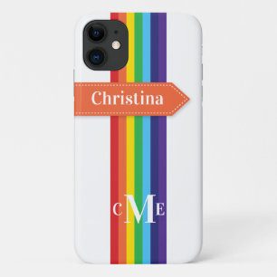 iPhone 11 Hoesje Regenboogstrips met monogram