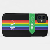 iPhone 11 Hoesje | Regenboogstrips met monogram (Achterkant (horizontaal))