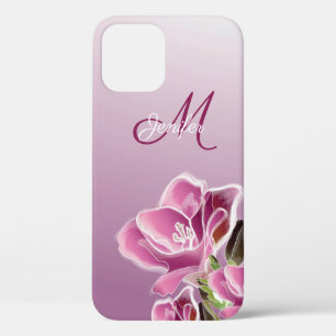 iPhone 12 Coque - Monogramme et aquarelle freesia