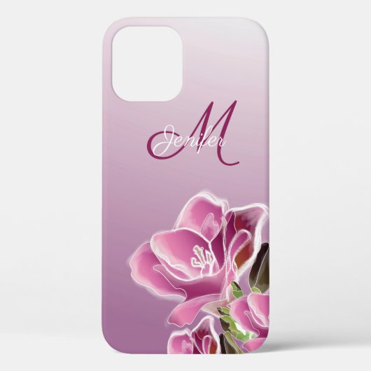 iPhone 12 Coque - Monogramme et aquarelle freesia (Verso)