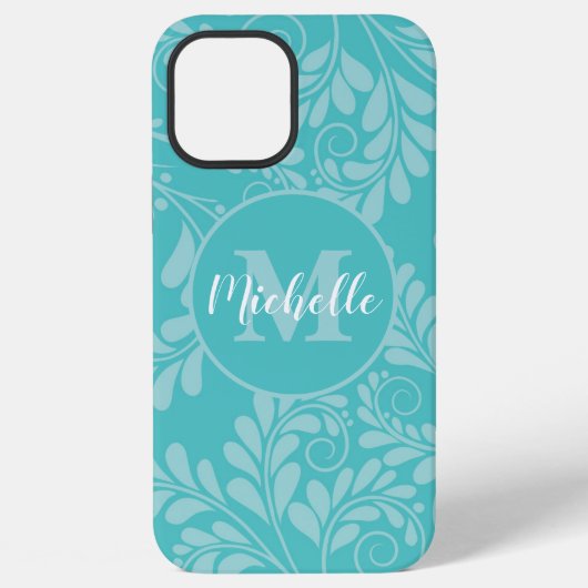 iPhone 12 Pro Max Coque fleuri Turquoise avec initial et nom (Verso)