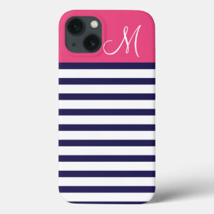 iPhone 13 Case Monogramme sur mesure bleu marine et rose Preppy