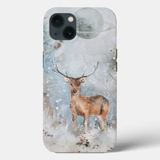 iPhone 13 Coque avec Cerf Peint & Planet (Verso)