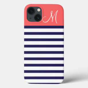 iPhone 13 Coque Bleu de la marine et le corail des bandes de Prepp