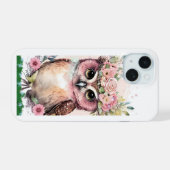 iPhone 15 Coque avec chouette et fleurs (Verso Horizontal)