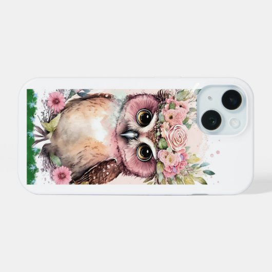 iPhone 15 Coque avec chouette et fleurs (Verso Horizontal)