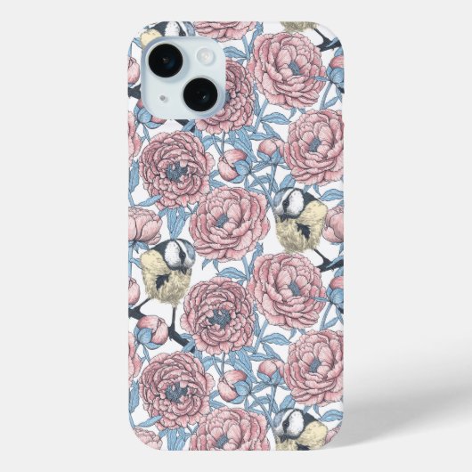iPhone 15 Mini Fleurs de pivoines et oiseaux Coque-Mate coque iph (Verso)
