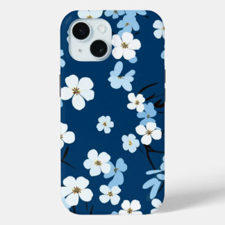 iPhone 15 Telefoonhoesje Blauw & Wit Bloemen Ontwe