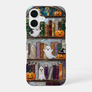 iPhone 16 Coque de téléphone étagère de livres Halloween fan