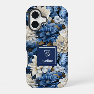 iPhone 16 Coque de téléphone Luxueuse à Fleurs Bleu Marine S