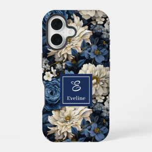 iPhone 16 Coque de téléphone Luxueuse Fleurs Bleues et Blanc
