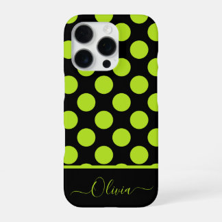 iPhone 16 Pro Grands pois verts lime sur coque d'iPhone noire