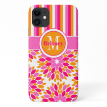 iPhone 1 Plus Coque | Floral, Rayures | Orange ros