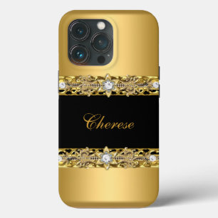 iPhone Black Floral Faux Gold iPhone 13 Pro Hoesje