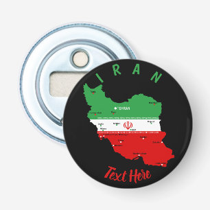 Iran kaart met vlag en embleem button flesopener
