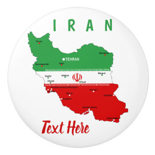 Iran kaart met vlag en embleem keramische knop