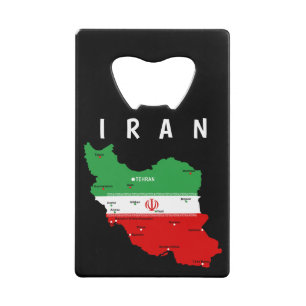 Iran kaart met vlag en embleem kredietkaart flessenopener