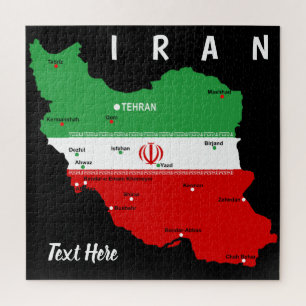 Iran kaart met vlag en embleem legpuzzel
