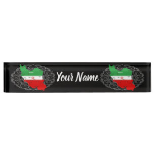 Iran kaart met vlag en embleem naambordje