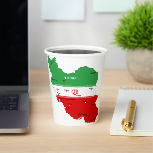 Iran kaart met vlag en embleem papieren bekers