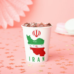 Iran kaart met vlag en embleem papieren bekers