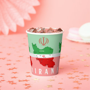 Iran kaart met vlag en embleem papieren bekers
